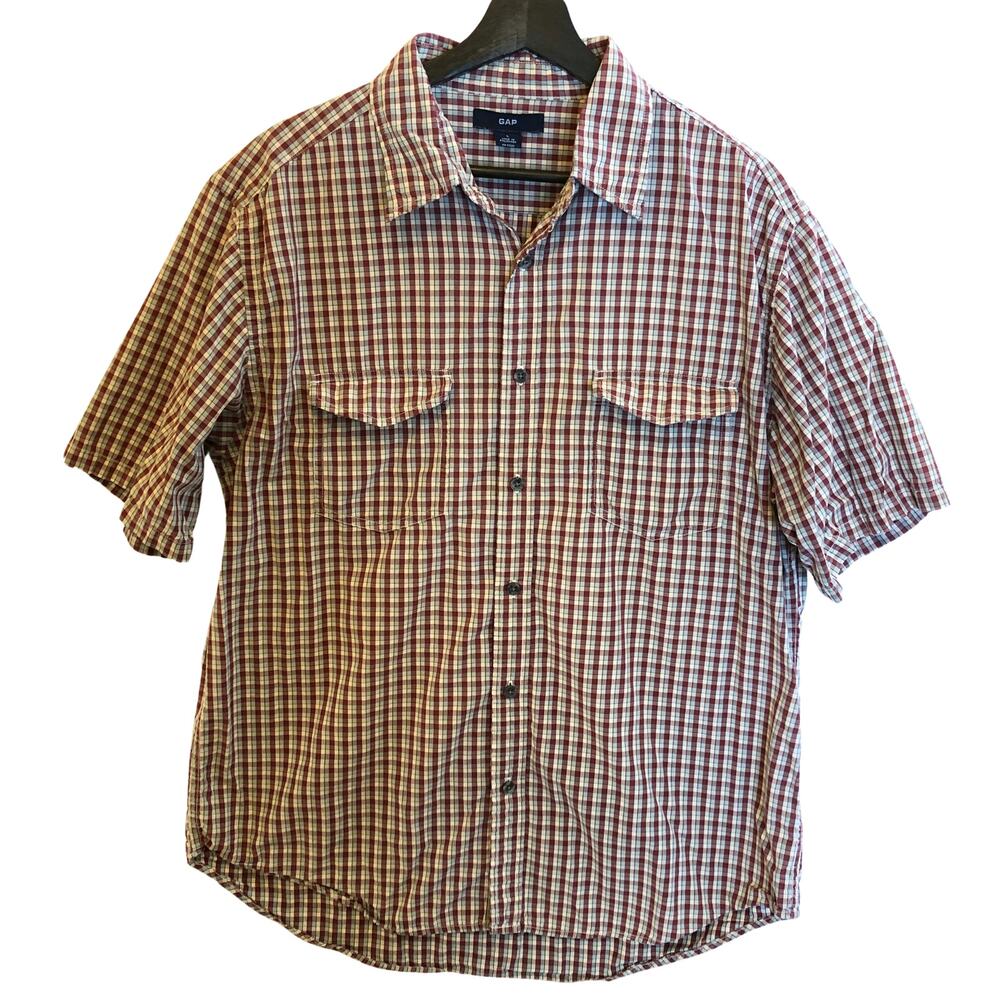 GAP Check Button Down Shirt Short Sleeve Red White Blue Cotton Large Retro Vtg